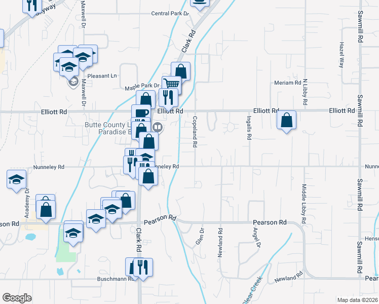 map of restaurants, bars, coffee shops, grocery stores, and more near Ida Lin Way in Paradise
