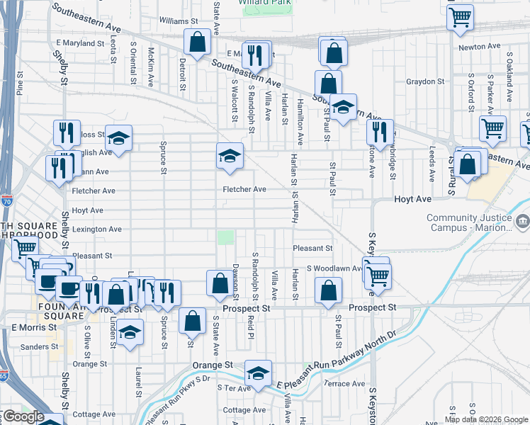 map of restaurants, bars, coffee shops, grocery stores, and more near 1934 Hoyt Avenue in Indianapolis