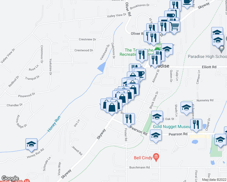 map of restaurants, bars, coffee shops, grocery stores, and more near 510 Fir Street in Paradise