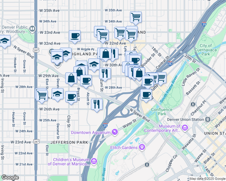 map of restaurants, bars, coffee shops, grocery stores, and more near 2298 West 28th Avenue in Denver