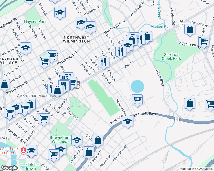 map of restaurants, bars, coffee shops, grocery stores, and more near 101 Eastlawn Avenue in Wilmington