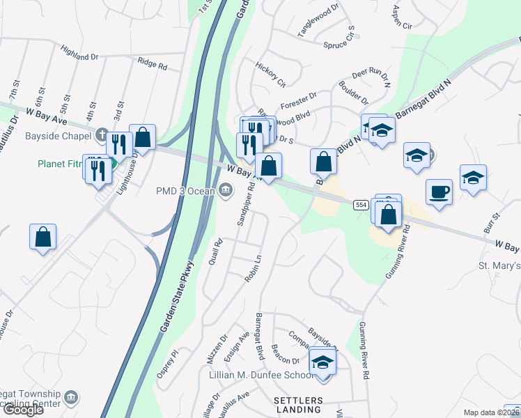 map of restaurants, bars, coffee shops, grocery stores, and more near 3 Robin Lane in Barnegat Township