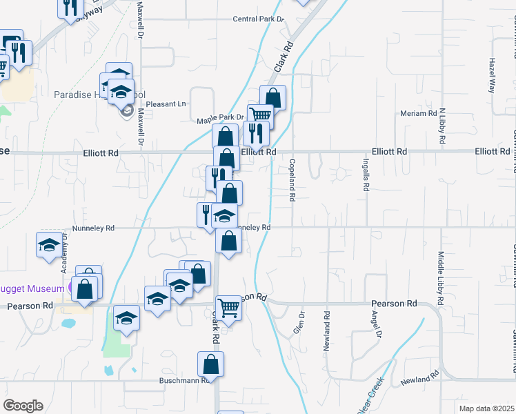 map of restaurants, bars, coffee shops, grocery stores, and more near 5889 Golden Oaks Road in Paradise