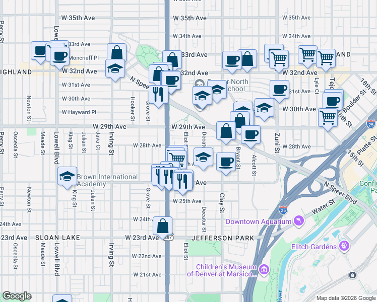 map of restaurants, bars, coffee shops, grocery stores, and more near 2913 West 28th Avenue in Denver