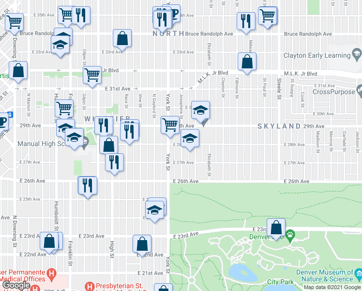map of restaurants, bars, coffee shops, grocery stores, and more near 2830 Josephine Street in Denver
