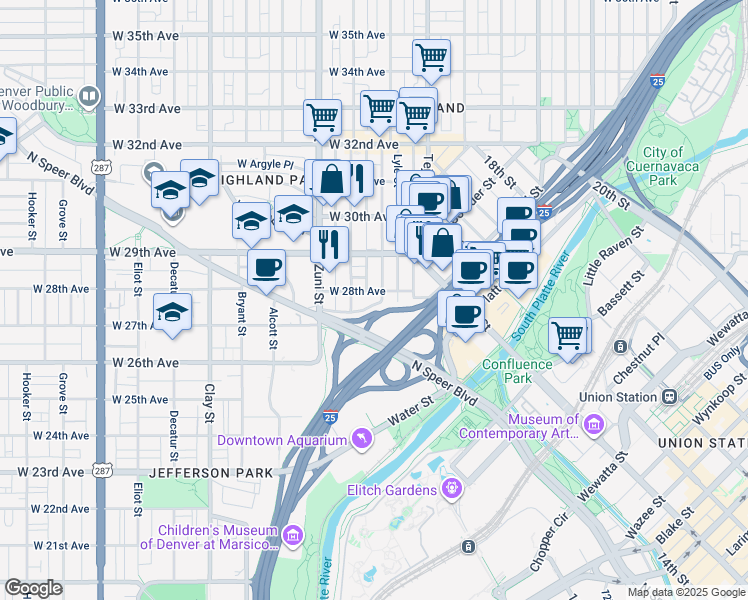 map of restaurants, bars, coffee shops, grocery stores, and more near 2205 West 28th Avenue in Denver