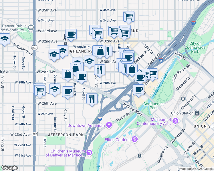 map of restaurants, bars, coffee shops, grocery stores, and more near 2826 Zuni Street in Denver