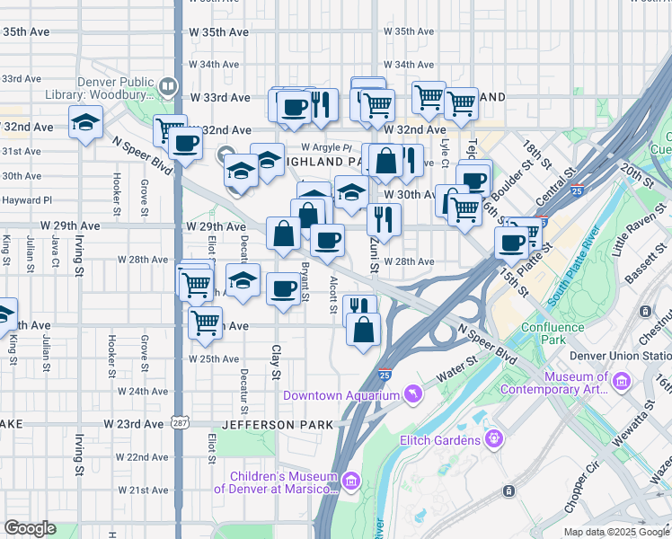 map of restaurants, bars, coffee shops, grocery stores, and more near 2794 Speer Boulevard in Denver