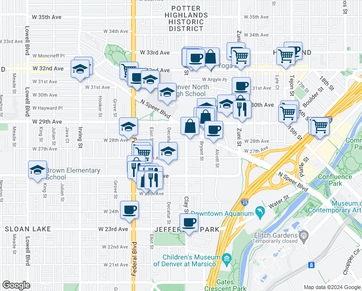 map of restaurants, bars, coffee shops, grocery stores, and more near 2719 West 28th Avenue in Denver
