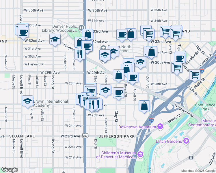 map of restaurants, bars, coffee shops, grocery stores, and more near 2811 West 28th Avenue in Denver