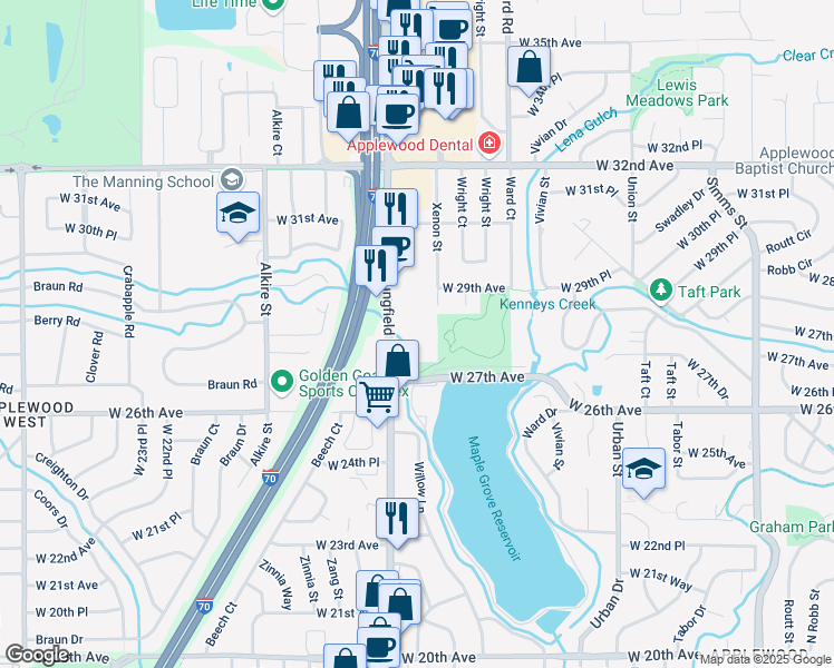 map of restaurants, bars, coffee shops, grocery stores, and more near 2877 Xenon Street in Lakewood