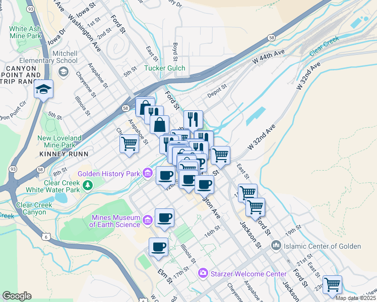map of restaurants, bars, coffee shops, grocery stores, and more near 660 11th Street in Golden