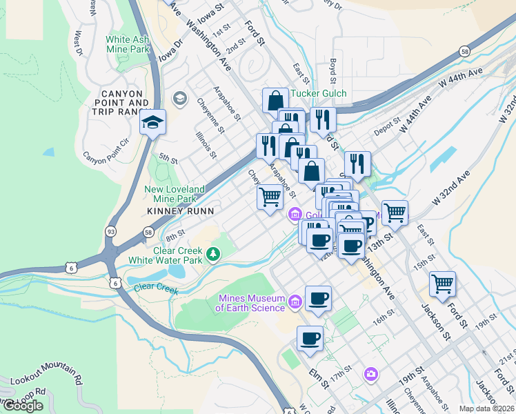 map of restaurants, bars, coffee shops, grocery stores, and more near 820 Cheyenne Street in Golden