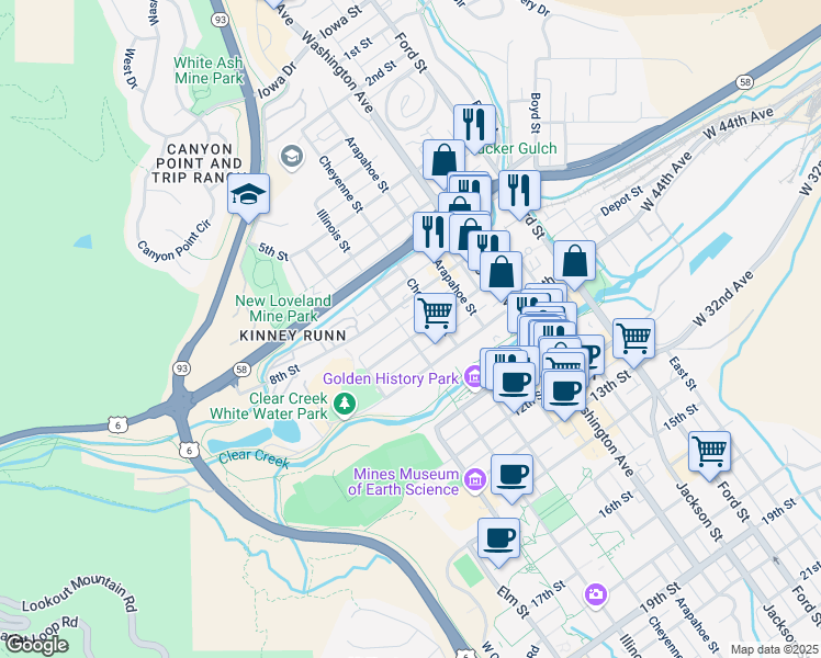 map of restaurants, bars, coffee shops, grocery stores, and more near 717 1/2 Illinois Street in Golden