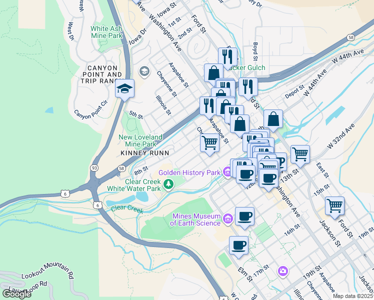 map of restaurants, bars, coffee shops, grocery stores, and more near 717 1/2 Illinois Street in Golden