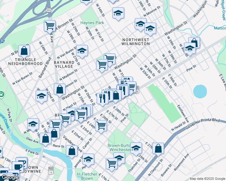 map of restaurants, bars, coffee shops, grocery stores, and more near 2900 North West Street in Wilmington
