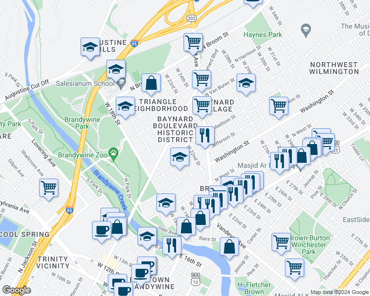 map of restaurants, bars, coffee shops, grocery stores, and more near 502 McCabe Avenue in Wilmington
