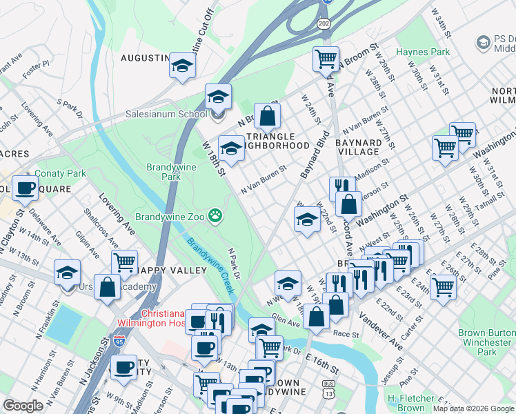 map of restaurants, bars, coffee shops, grocery stores, and more near 1806 North Van Buren Street in Wilmington