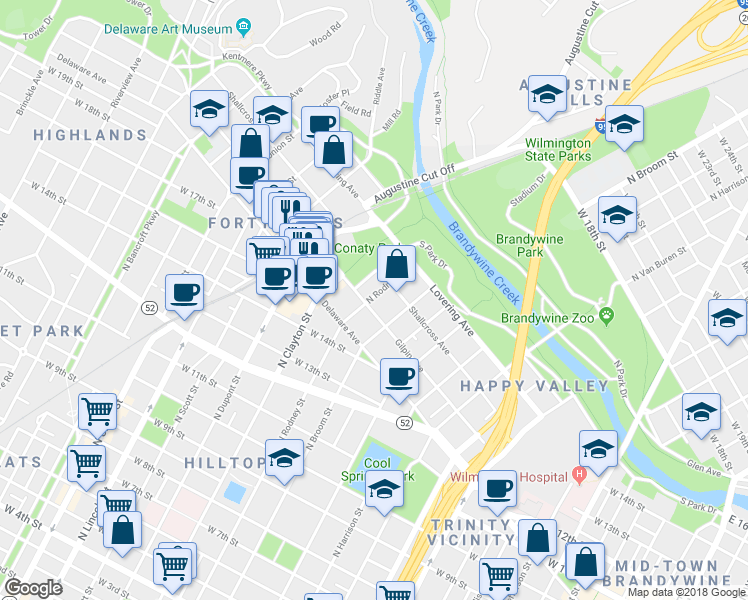 map of restaurants, bars, coffee shops, grocery stores, and more near 1624 Rowan Street in Wilmington