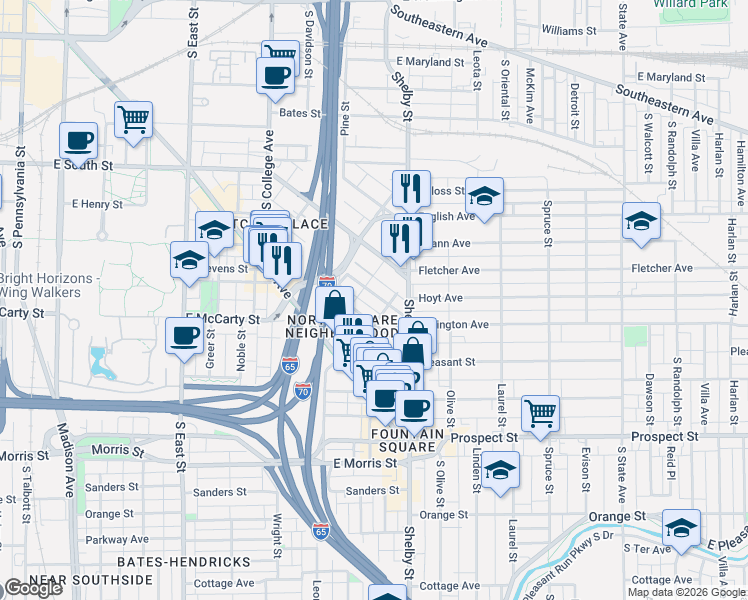 map of restaurants, bars, coffee shops, grocery stores, and more near 930 Lexington Avenue in Indianapolis