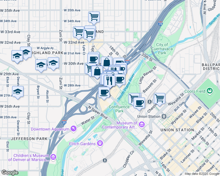 map of restaurants, bars, coffee shops, grocery stores, and more near 1548 Platte St in Denver