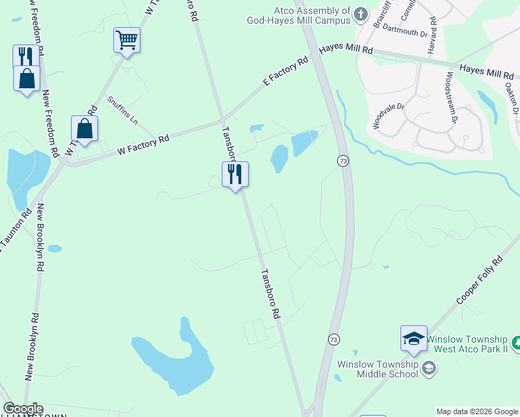 map of restaurants, bars, coffee shops, grocery stores, and more near 374 Tansboro Road in Berlin
