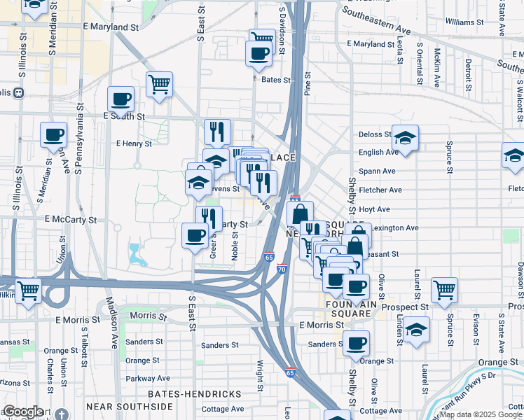 map of restaurants, bars, coffee shops, grocery stores, and more near 719 Virginia Avenue in Indianapolis