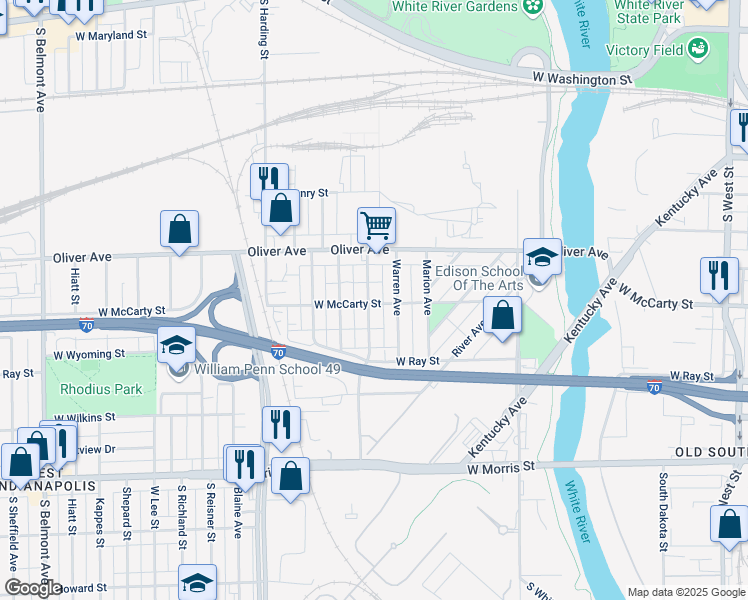 map of restaurants, bars, coffee shops, grocery stores, and more near 657 Division Street in Indianapolis