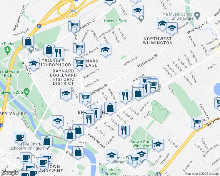 map of restaurants, bars, coffee shops, grocery stores, and more near 219 West 26th Street in Wilmington