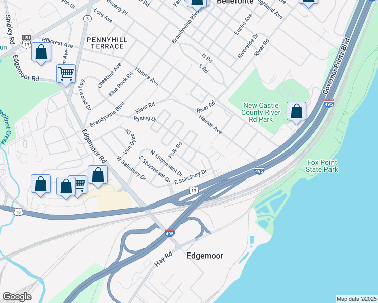 map of restaurants, bars, coffee shops, grocery stores, and more near 5 South Rodney Drive in Wilmington