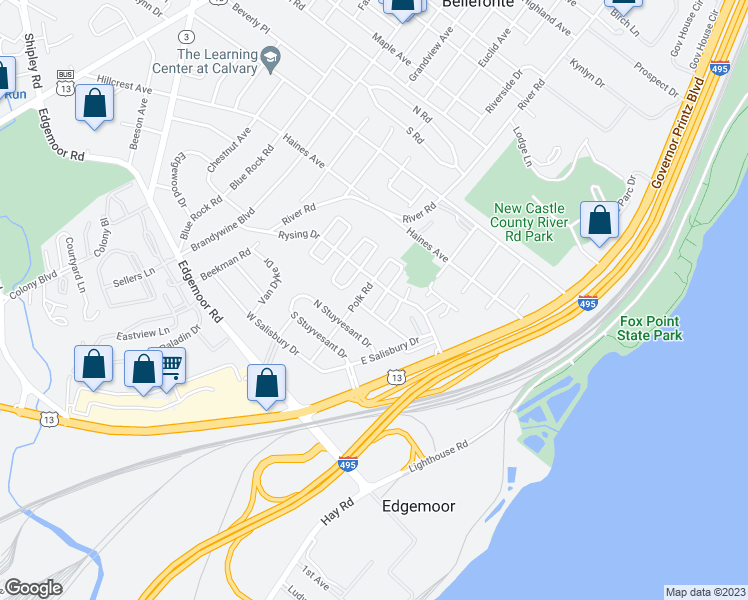 map of restaurants, bars, coffee shops, grocery stores, and more near 14 South Rodney Drive in Wilmington