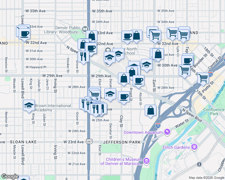 map of restaurants, bars, coffee shops, grocery stores, and more near 2700 Decatur Street in Denver