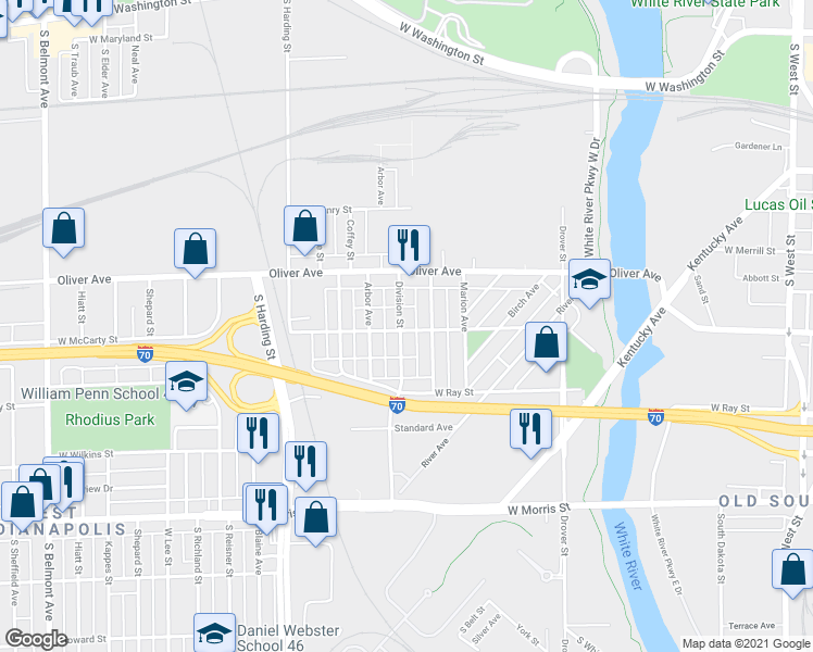 map of restaurants, bars, coffee shops, grocery stores, and more near 659 Division Street in Indianapolis