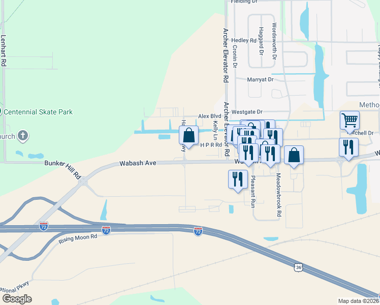 map of restaurants, bars, coffee shops, grocery stores, and more near 4685 Wabash Avenue in Springfield