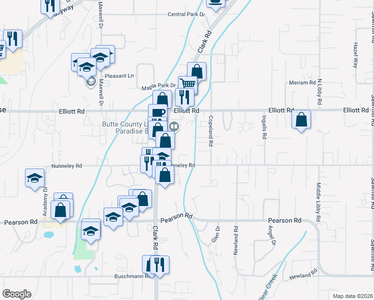 map of restaurants, bars, coffee shops, grocery stores, and more near 5889 Golden Oaks Road in Paradise