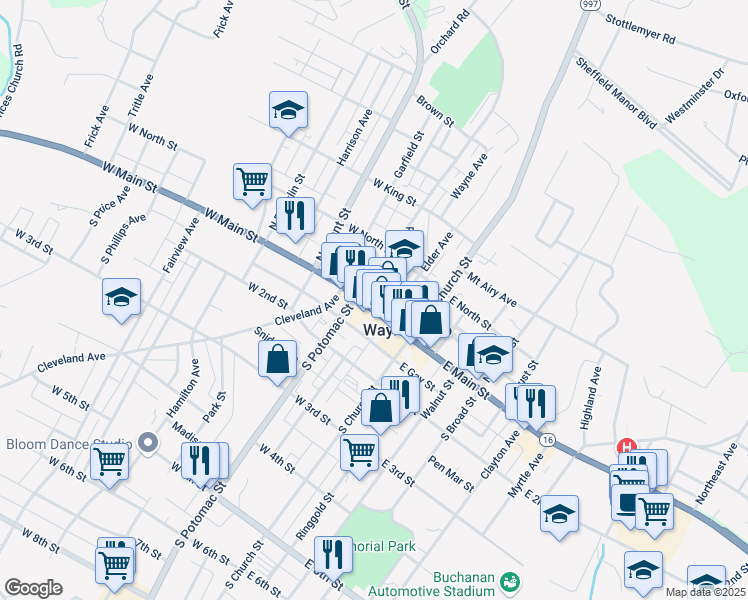 map of restaurants, bars, coffee shops, grocery stores, and more near 81 West Main Street in Waynesboro