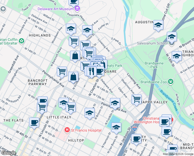 map of restaurants, bars, coffee shops, grocery stores, and more near 1625 West 16th Street in Wilmington