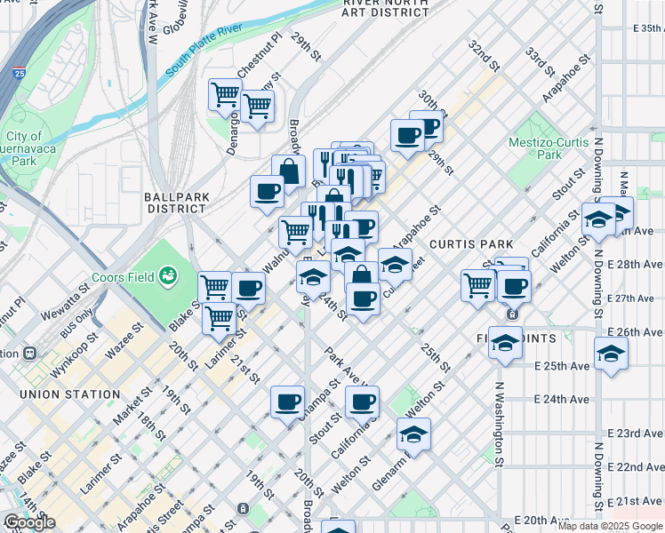 map of restaurants, bars, coffee shops, grocery stores, and more near 1280 25th Street in Denver