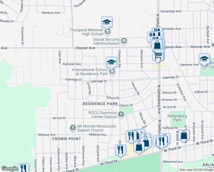 map of restaurants, bars, coffee shops, grocery stores, and more near 4418 Oakridge Drive in Dayton