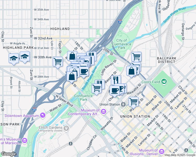 map of restaurants, bars, coffee shops, grocery stores, and more near 2101 15th Street in Denver