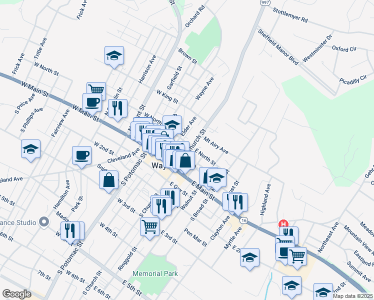 map of restaurants, bars, coffee shops, grocery stores, and more near 36 North Church Street in Waynesboro