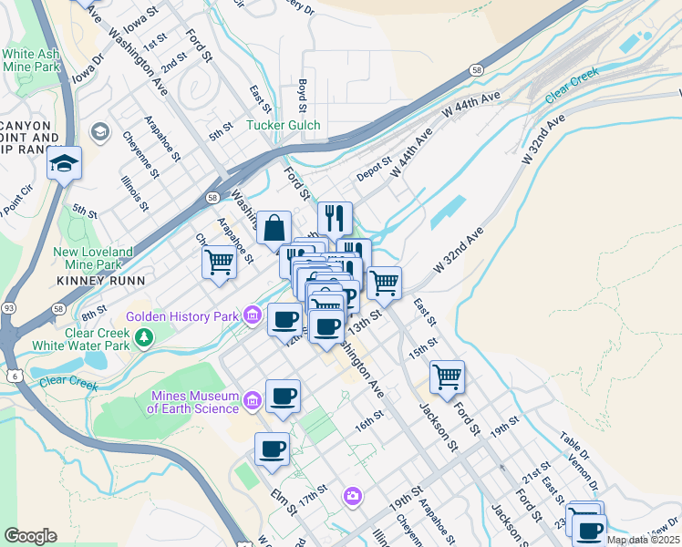 map of restaurants, bars, coffee shops, grocery stores, and more near 640 11th Street in Golden