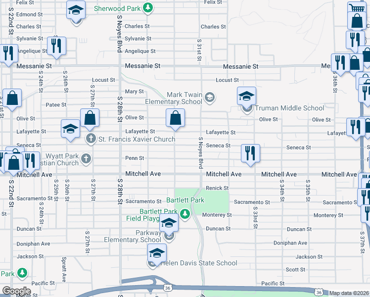 map of restaurants, bars, coffee shops, grocery stores, and more near 3011 Seneca Street in Saint Joseph