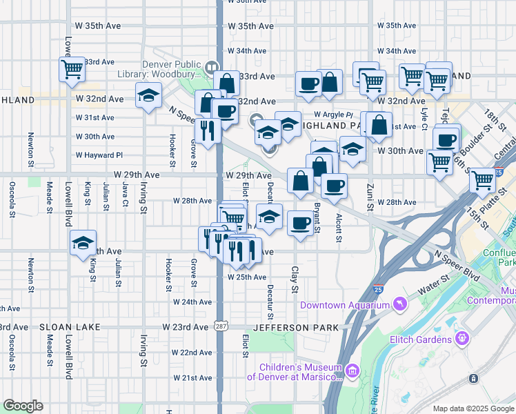 map of restaurants, bars, coffee shops, grocery stores, and more near 2811 West 28th Avenue in Denver