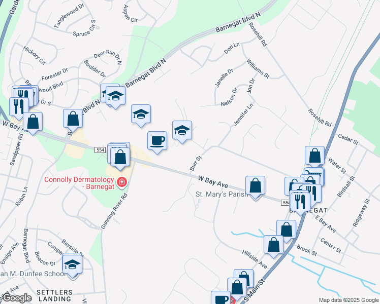 map of restaurants, bars, coffee shops, grocery stores, and more near 104 Burr Street in Barnegat Township