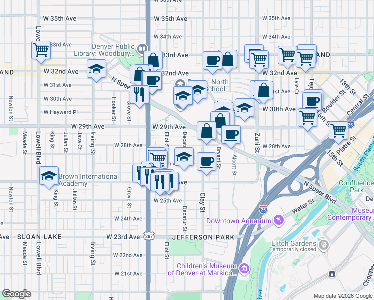 map of restaurants, bars, coffee shops, grocery stores, and more near 2811 West 28th Avenue in Denver