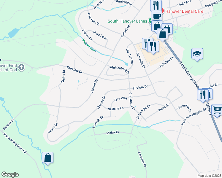 map of restaurants, bars, coffee shops, grocery stores, and more near 372 El Vista Drive in Hanover