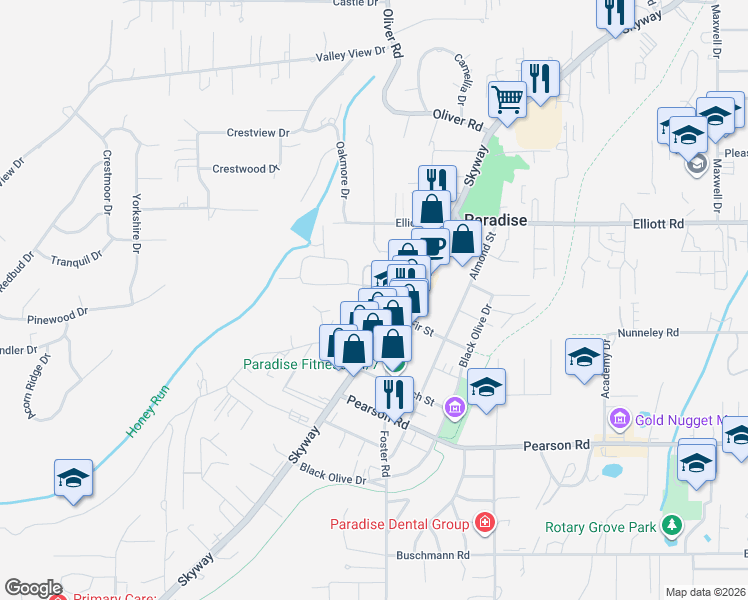 map of restaurants, bars, coffee shops, grocery stores, and more near 5797 Inez Way in Paradise