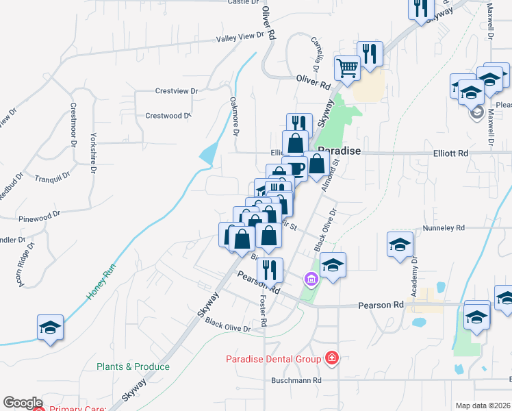 map of restaurants, bars, coffee shops, grocery stores, and more near 5797 Inez Way in Paradise