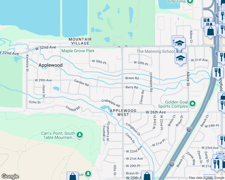 map of restaurants, bars, coffee shops, grocery stores, and more near 14135 Berry Road in Golden